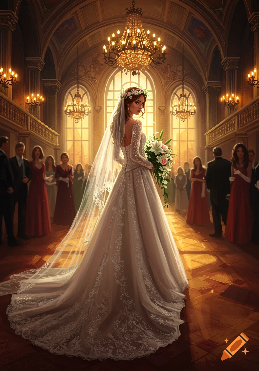 A bride in a white lace wedding gown and veil stands in a grand, chandelier-lit hall, looking back over her shoulder while holding a bouquet. Guests are in the background.