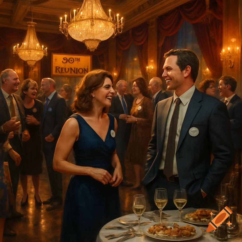 A photorealistic image of adults smiling and talking at a reunion in a grand hall with chandeliers, a sign reads "90TH REUNION".