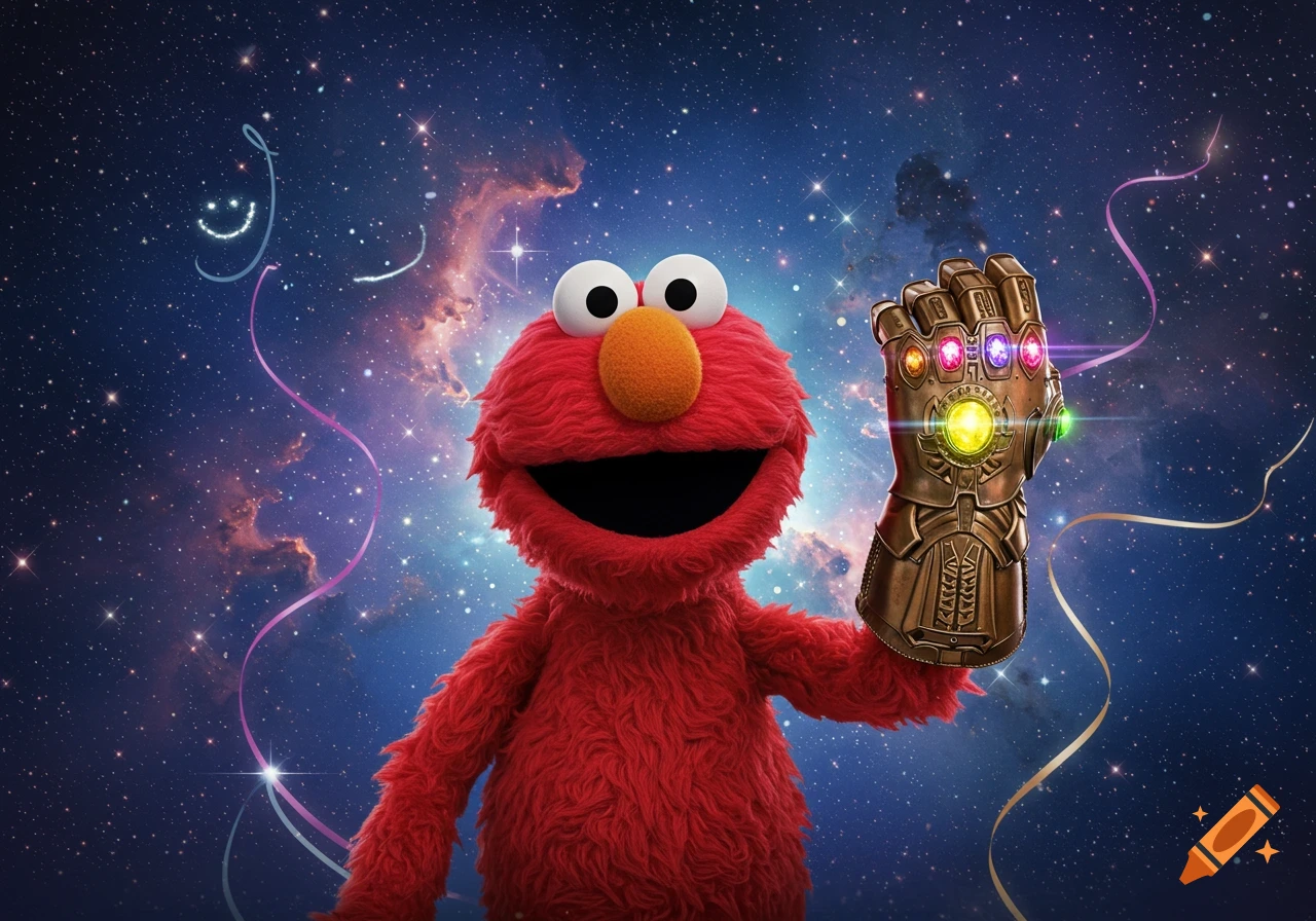 Elmo, a red furry character, wearing the golden Infinity Gauntlet with colorful gems, floats in front of a starry galaxy background.