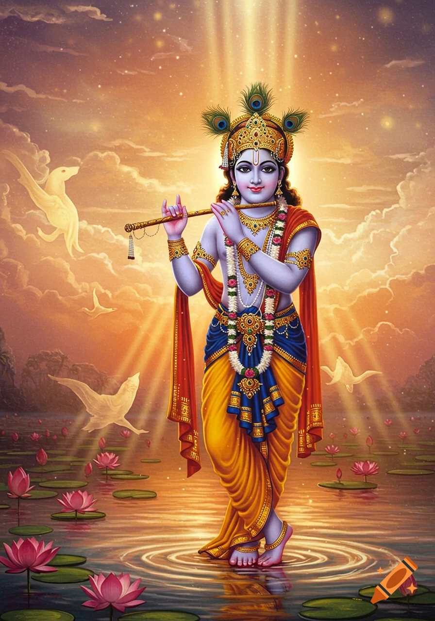 Vibrant illustration of Lord Krishna, blue-skinned, playing a flute while standing in a lotus pond under a golden, radiant sky.
