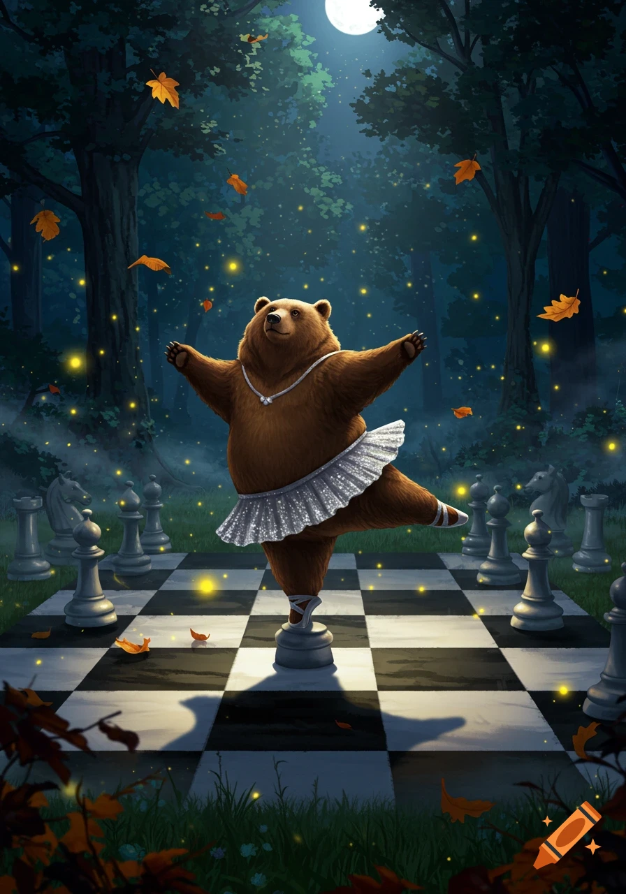 A brown bear in a white tutu and ballet slippers dances on one leg on a giant chessboard in a moonlit forest with glowing fireflies and falling autumn leaves.