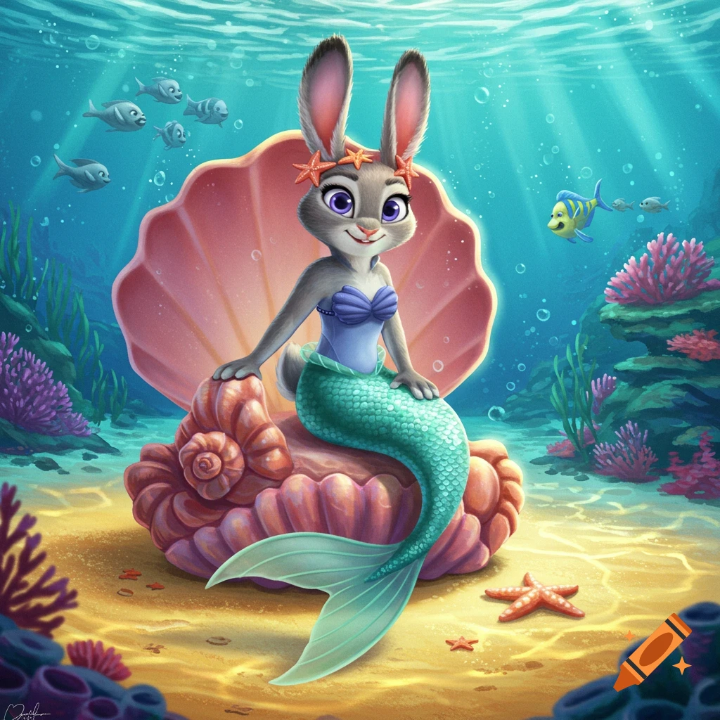 Illustrated Judy Hopps as a mermaid sitting on a large seashell in a vibrant underwater scene with fish and coral.
