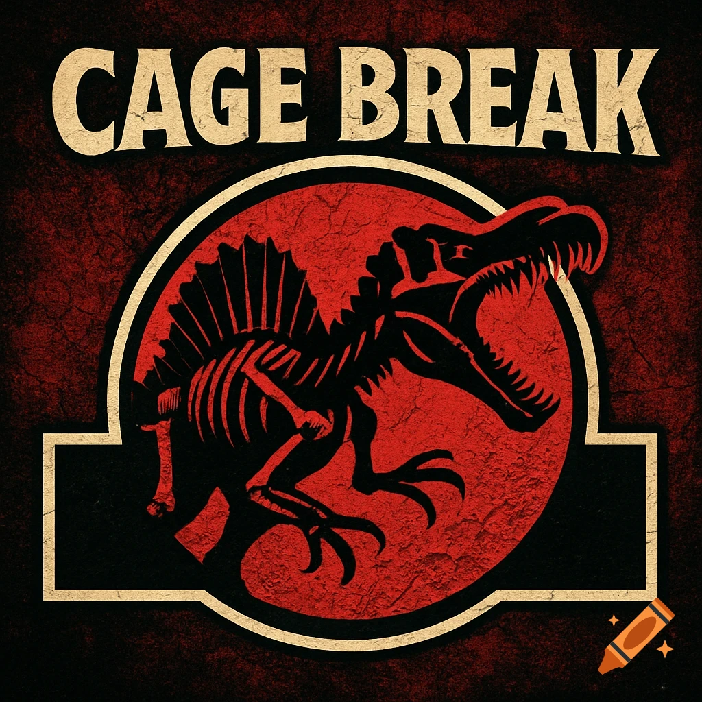 A vintage-style logo featuring a black Spinosaurus skeleton silhouette within a red distressed circle, with the text CAGE BREAK above it.