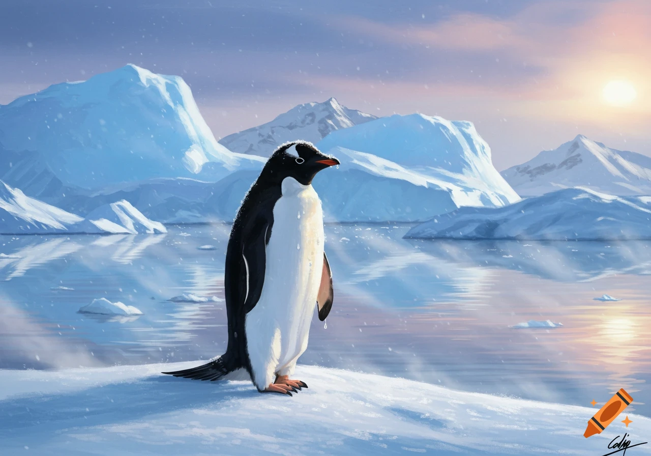 An artistic rendering of a penguin standing on a snowy bank in an arctic landscape with icebergs and a sunrise.