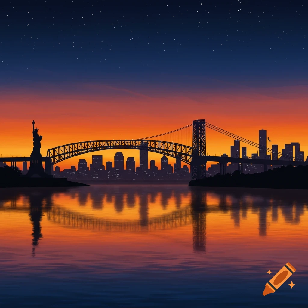 Silhouette of the New York City skyline at sunset, with the Statue of Liberty and George Washington Bridge reflecting in the water, in an illustrative style.