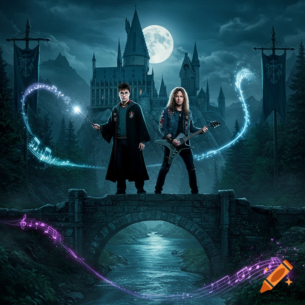 Harry Potter and a long-haired rock musician stand on a stone bridge with a castle and full moon in the background, surrounded by glowing musical notes.