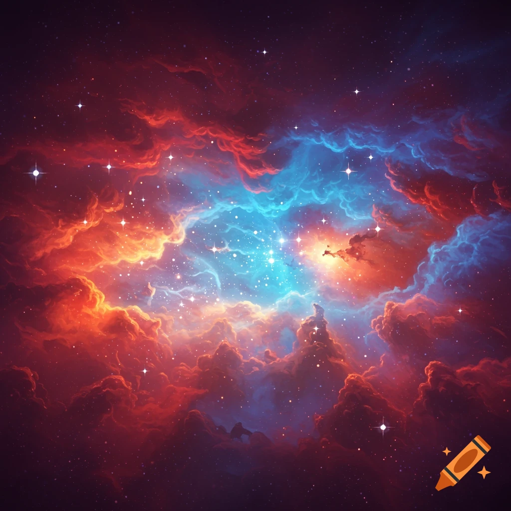 Vibrant space nebula with swirling red, orange, and blue clouds illuminated by bright stars.