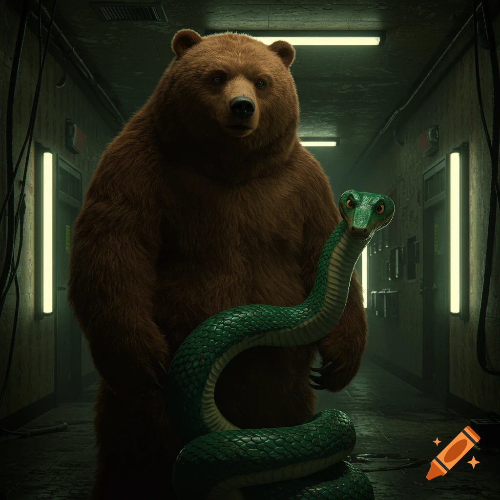 A large brown bear stands in a dark, grimy corridor, holding a bright green snake with prominent scales and glowing eyes.