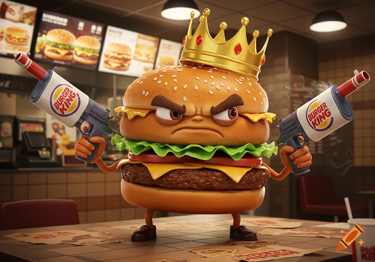 An angry cartoon burger wearing a crown, holding two Burger King themed guns, stands on a table in a Burger King restaurant.
