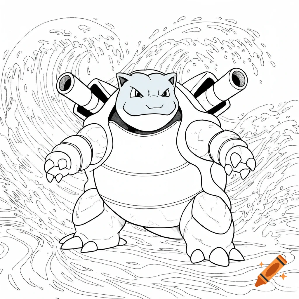 A black and white line art coloring page of Blastoise, the turtle-like Pok essmon, standing in front of large waves.