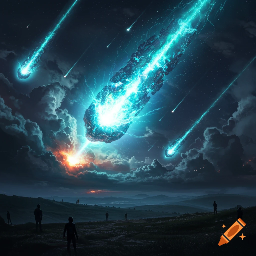 A massive glowing blue alien meteorite crashes towards Earth, surrounded by smaller meteors and dark, stormy clouds. Silhouetted figures watch from a grassy hillside.