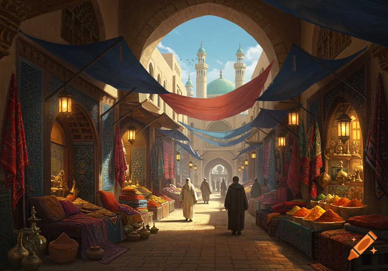 A bustling Middle Eastern market street with colorful spice and fabric stalls, people in robes, and a mosque visible through an archway.