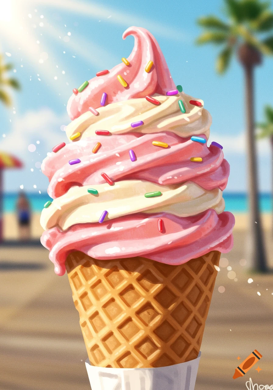 Vibrant digital illustration of a pink and white swirled ice cream cone with rainbow sprinkles against a sunny beach background.