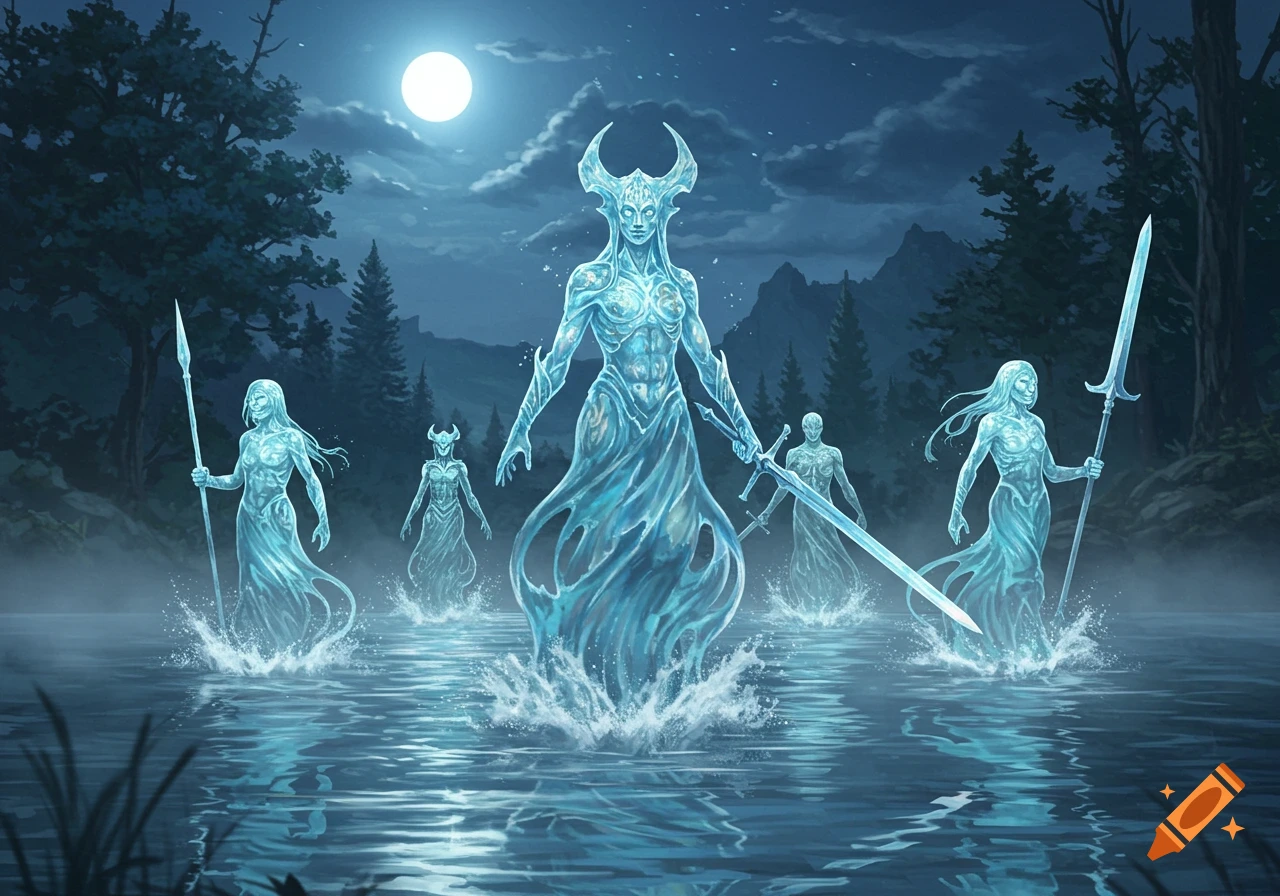 Several spectral water warriors emerge from a moonlit lake, some holding spears and swords, surrounded by a dark forest.