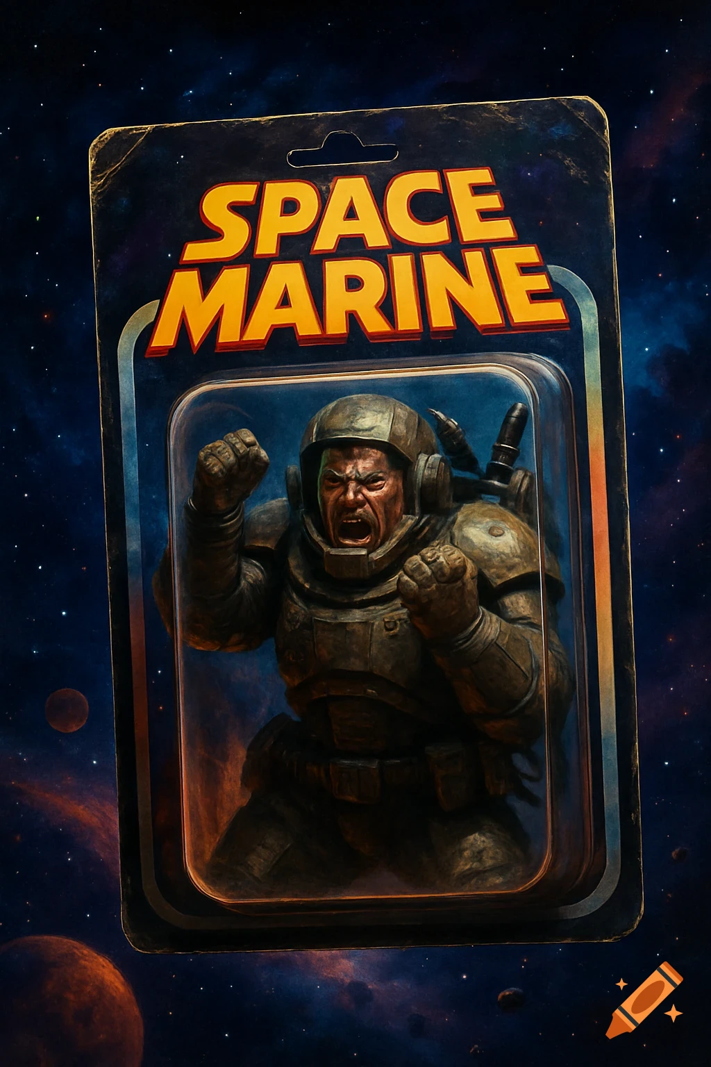 A retro-style action figure blister pack with "SPACE MARINE" text, containing a screaming, armored space marine against a starry space backdrop.
