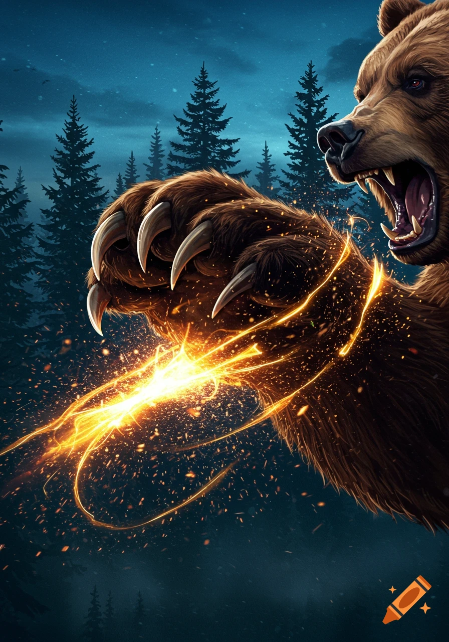 A menacing brown bear's claw, glowing with intense orange energy, slashes through the air against a dark forest background.