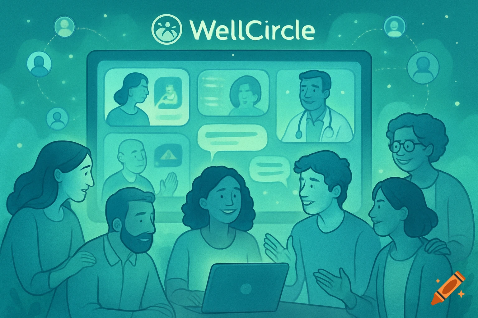 An illustration of diverse people interacting, with a WellCircle branded video call screen behind them, symbolizing virtual community and support.