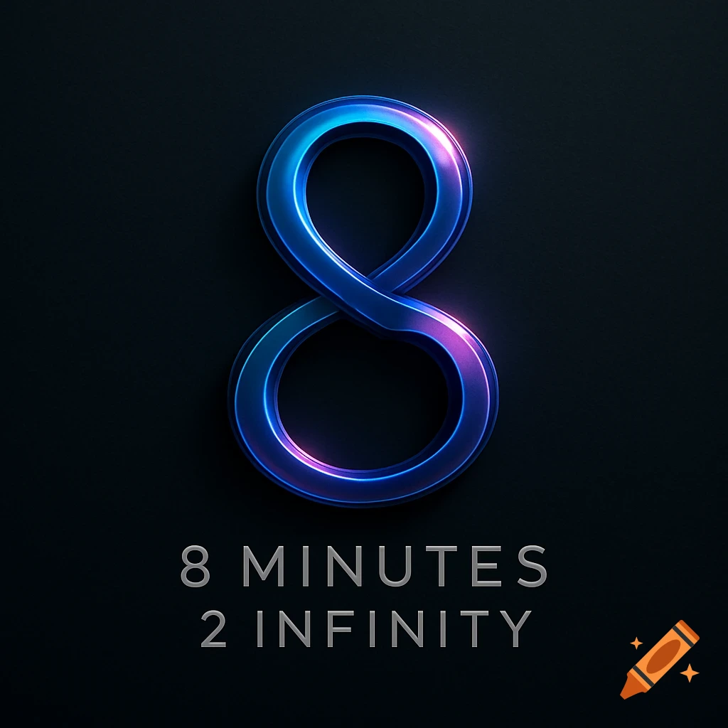 A stylized blue and purple glowing metallic number 8 on a dark background, with the text '8 MINUTES 2 INFINITY' below it.