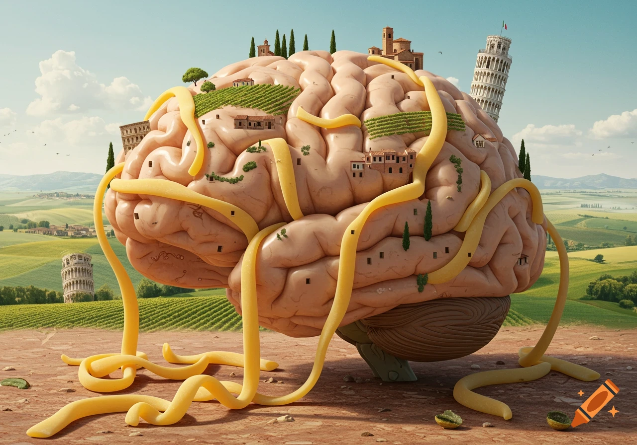 A giant human brain with Italian landscapes, including vineyards, villages, the Colosseum, and the Leaning Tower of Pisa, intertwined with spaghetti-like tubes, all set in a scenic Tuscan countryside.
