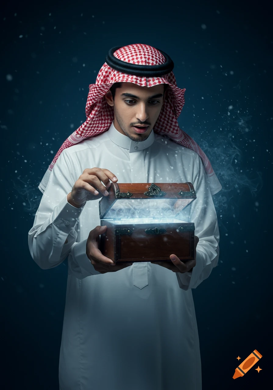 A photorealistic portrait of a young Saudi man in traditional white thobe opening a glowing wooden box with blue mist and floating particles.