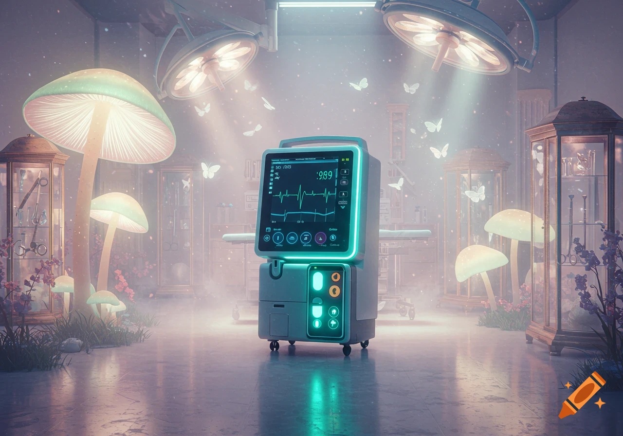 A dreamlike surreal operating room with a glowing medical monitor, giant luminous mushrooms, floating butterflies, and bright surgical lights.