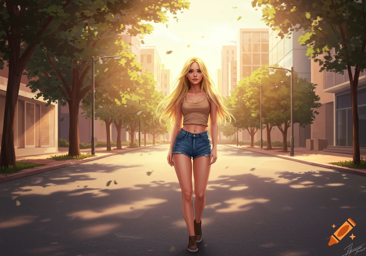 Illustration of a young woman with long blonde hair, wearing a tank top and shorts, walking down an empty city street at sunset.