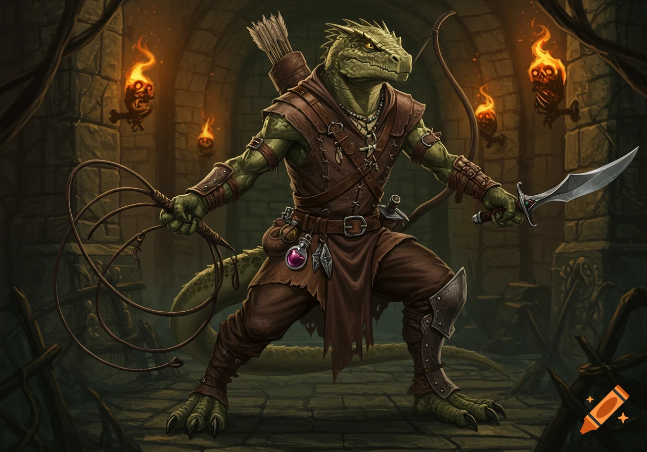 A lizardfolk ranger in brown leather armor holds a whip and a short sword in a dimly lit dungeon with skull-shaped torches.