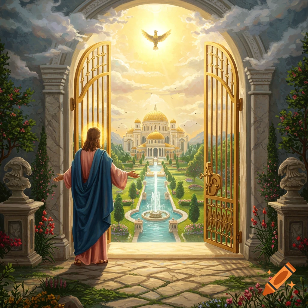 A renaissance painting of Jesus standing before the open golden gates of heaven, revealing a paradise with a grand palace, gardens, and fountains.