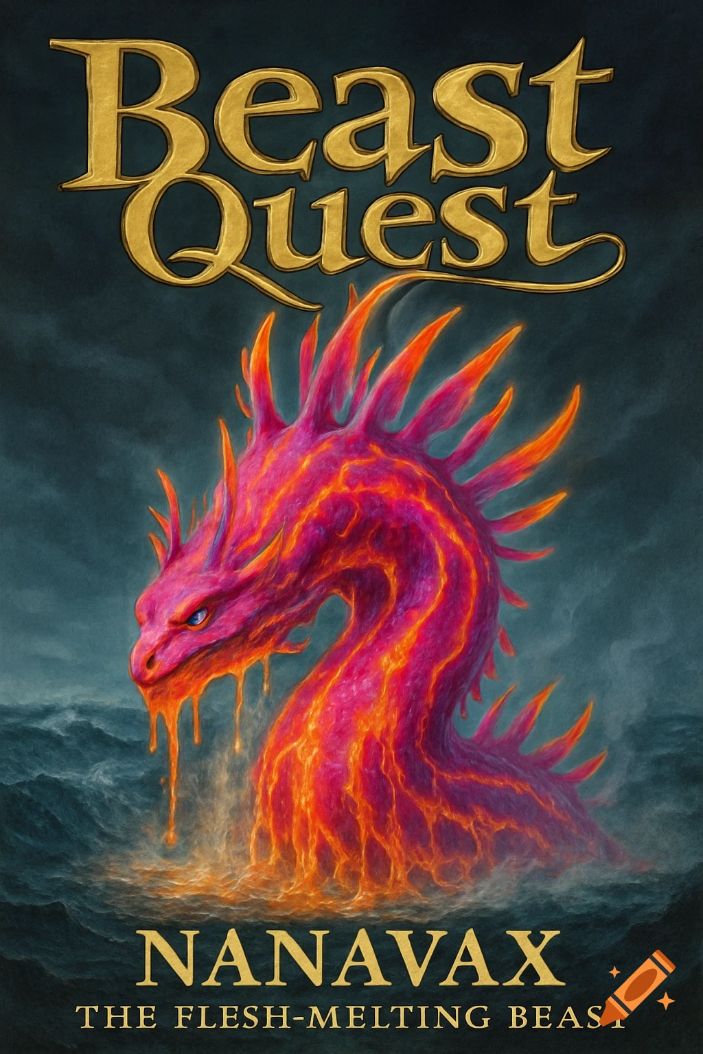 A stylized book cover for 'Beast Quest' titled 'Nanavax The Flesh-Melting Beast,' showing a vibrant pink and orange spiky sea monster emerging from dark, stormy waters, dripping with liquid.