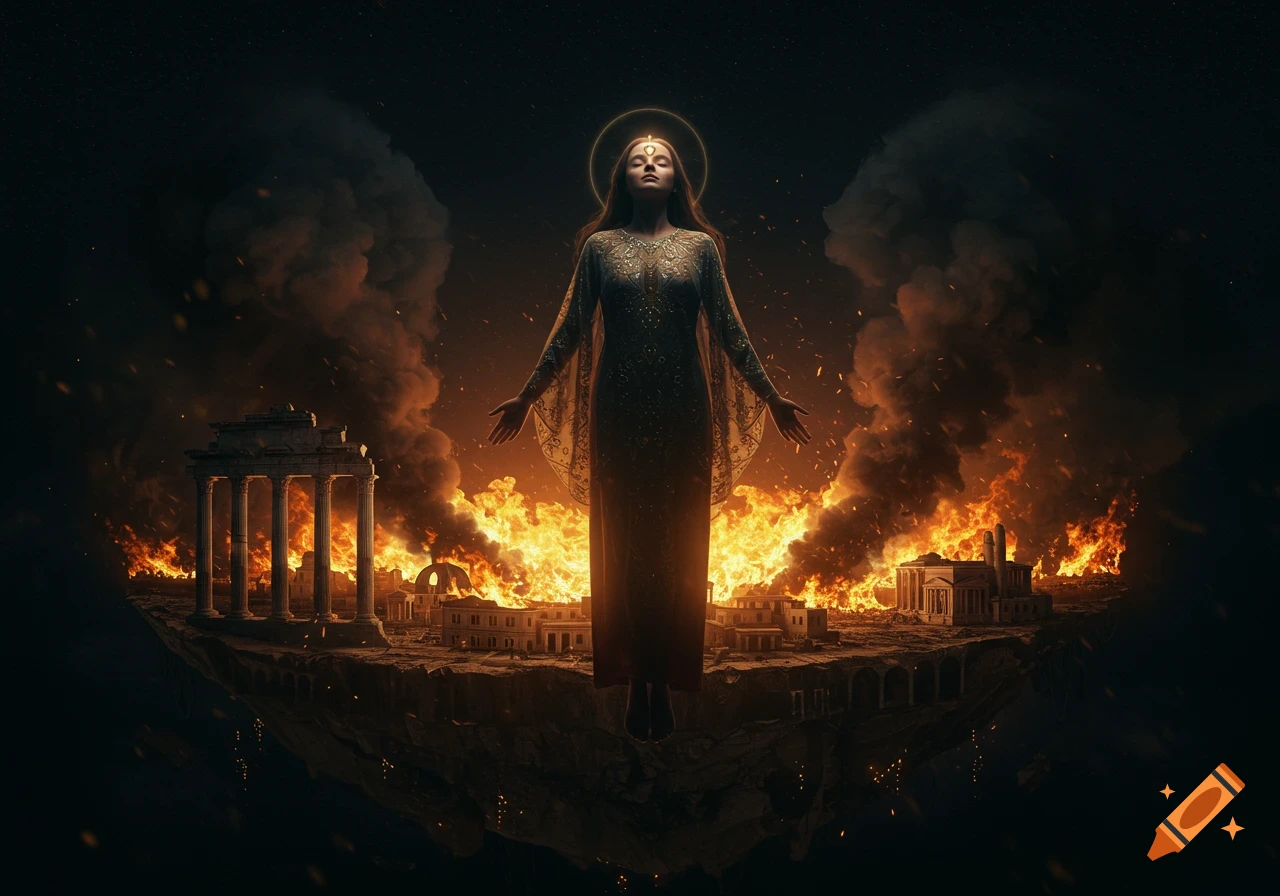 A woman with glowing third eye floats over a burning city, a mix of ancient and modern ruins, under a dark starry sky. Dramatic fantasy art.