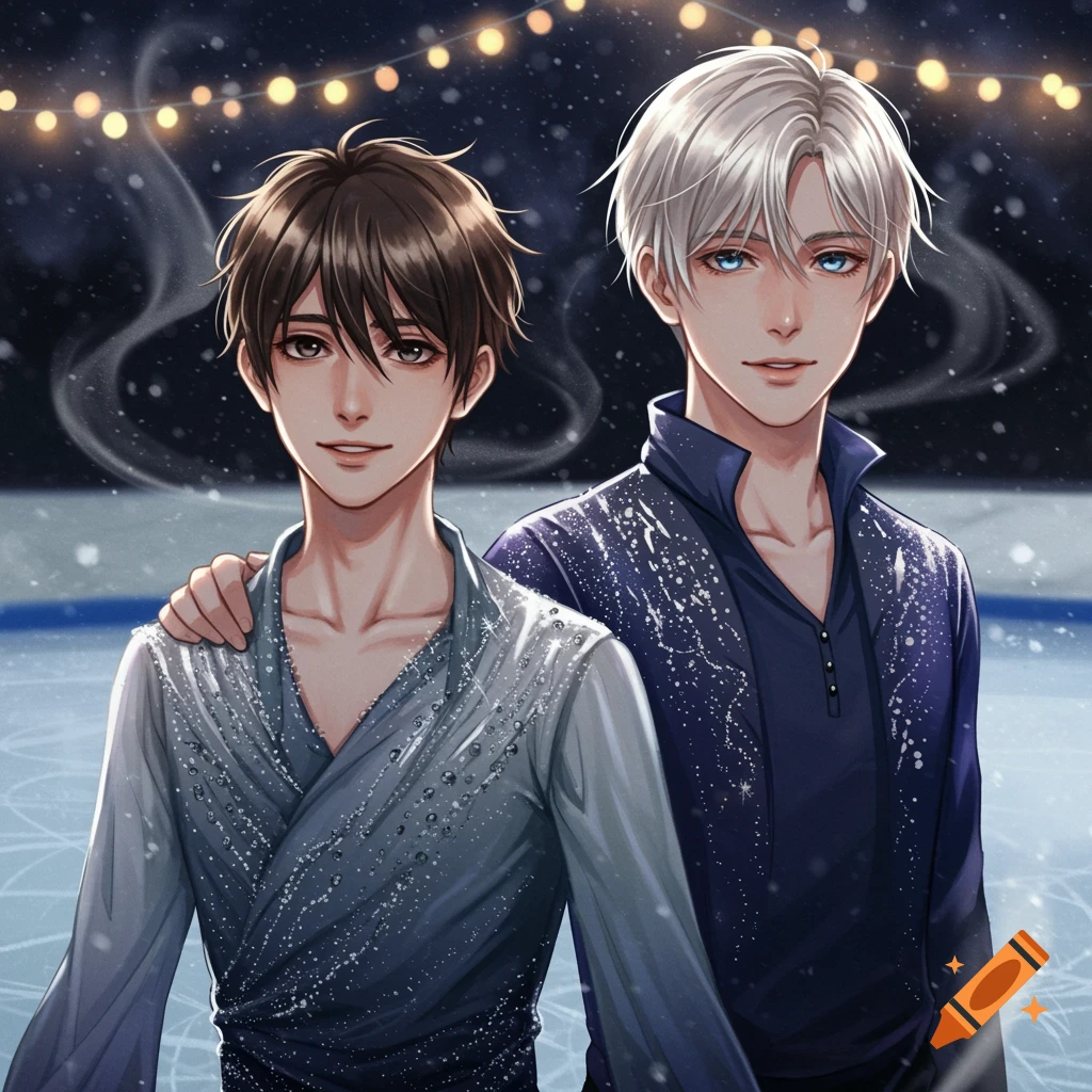 Anime-style depiction of two male ice skaters, one with brown hair and the other with white hair, on an ice rink under string lights.