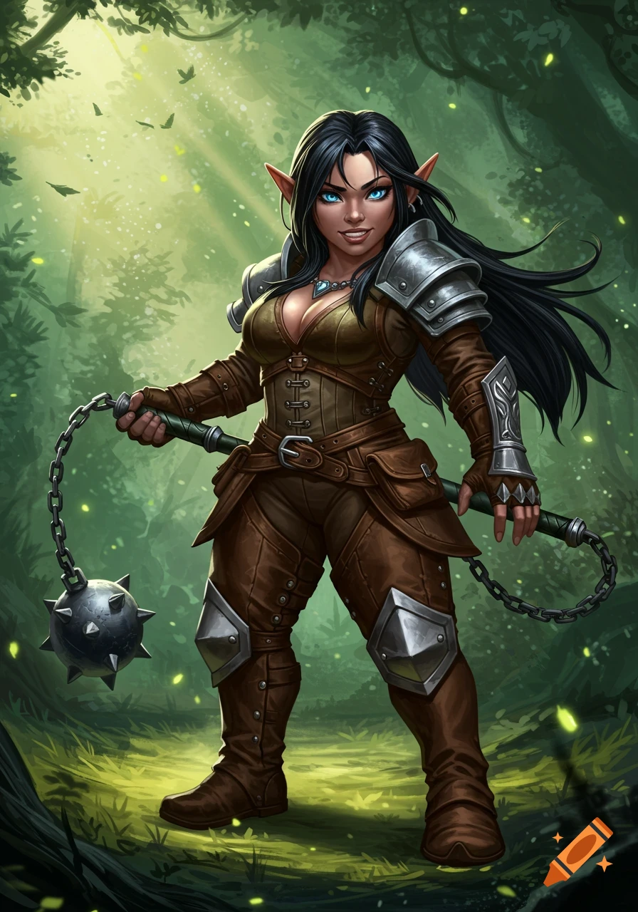 A female gnome adventurer with long black hair and blue eyes, wearing leather armor and holding a flail, stands in a magical forest.