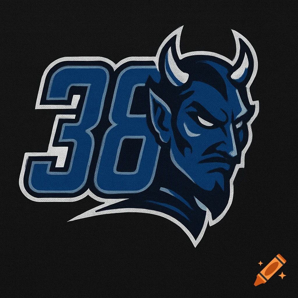 A stylized blue devil head logo in profile, with horns and a goatee, next to the number 38, all in shades of blue and white on a black background.