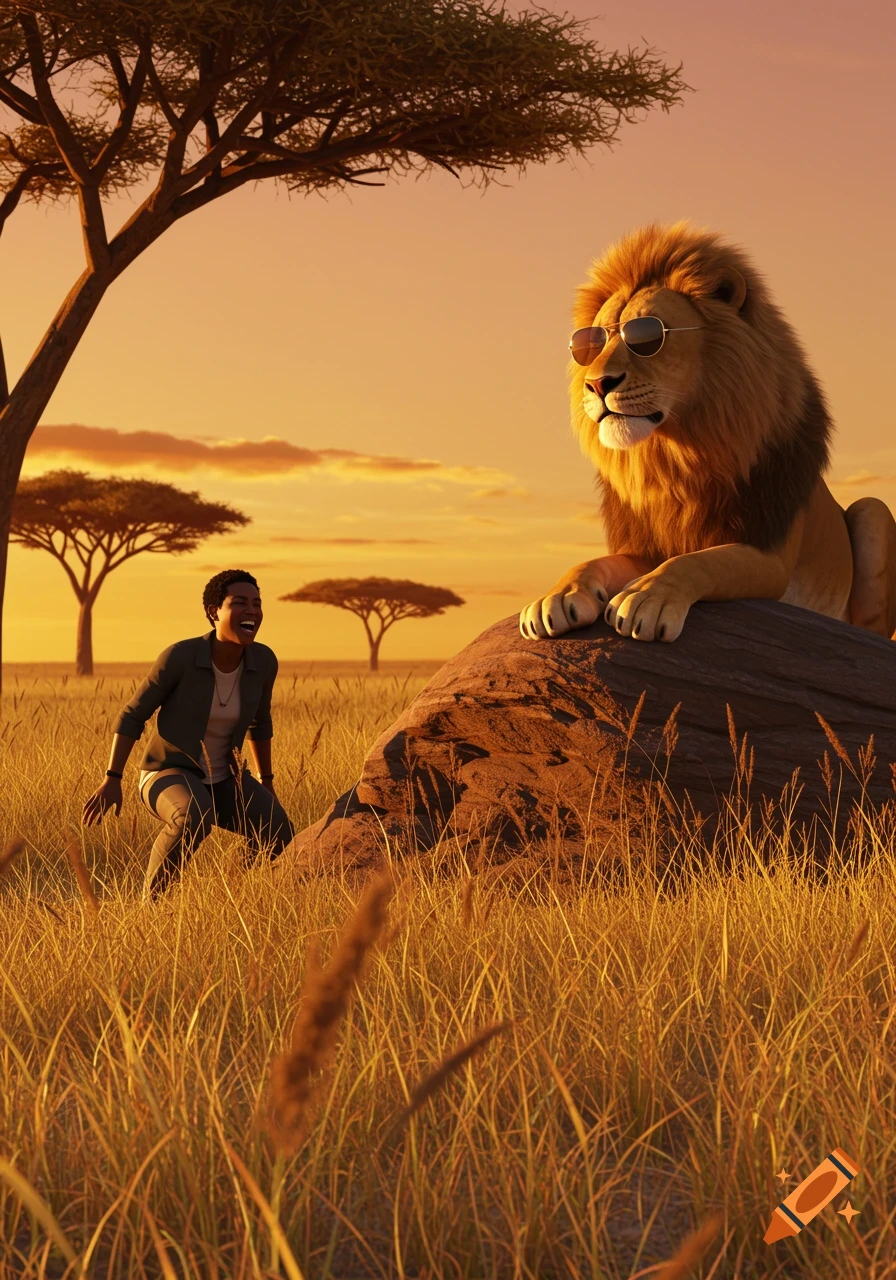 A lion wearing sunglasses sits on a rock in a savanna at sunset, while a person crouches nearby, laughing.