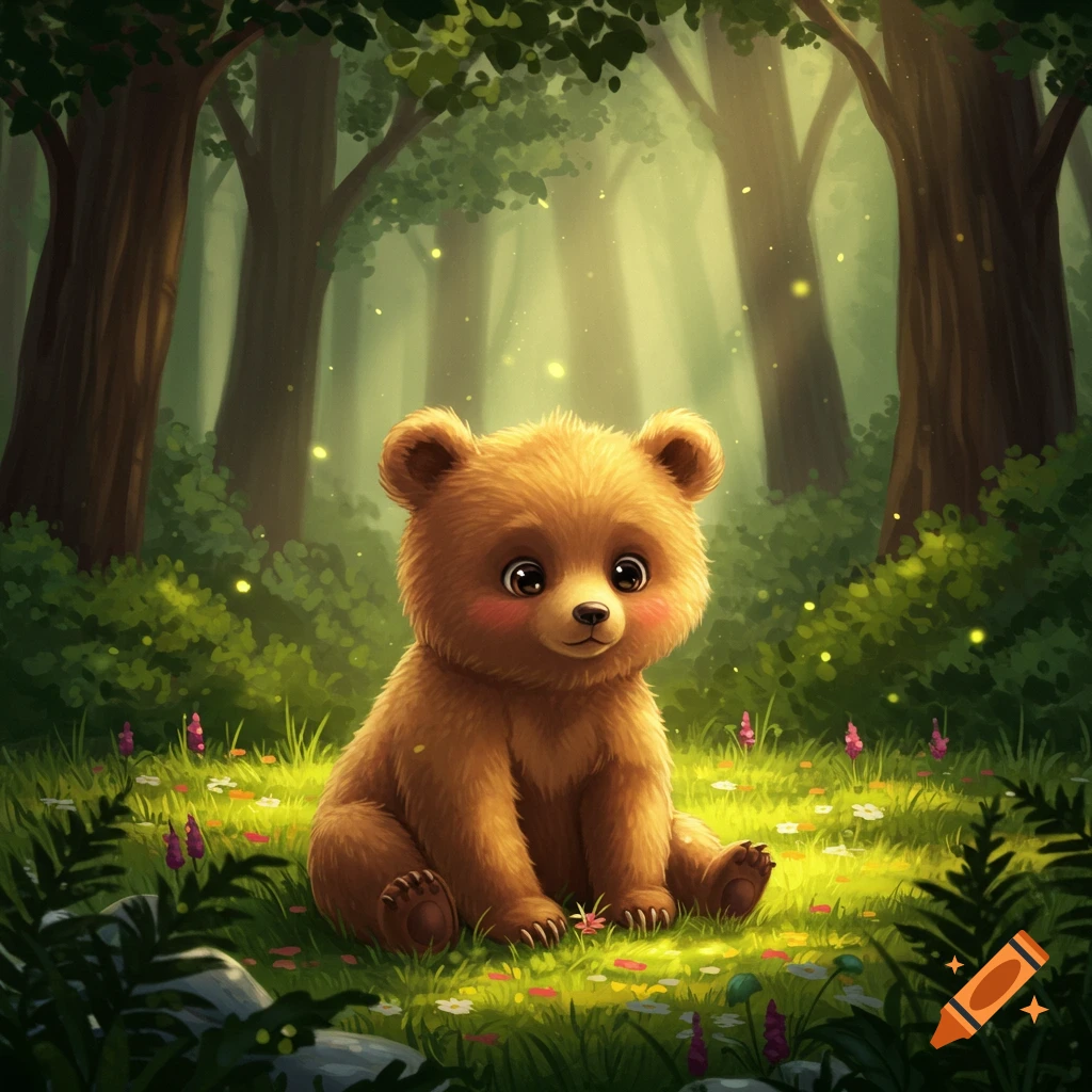 A cute fluffy brown bear cub with big eyes sitting in a sunlit magical forest with glowing fireflies and flowers.