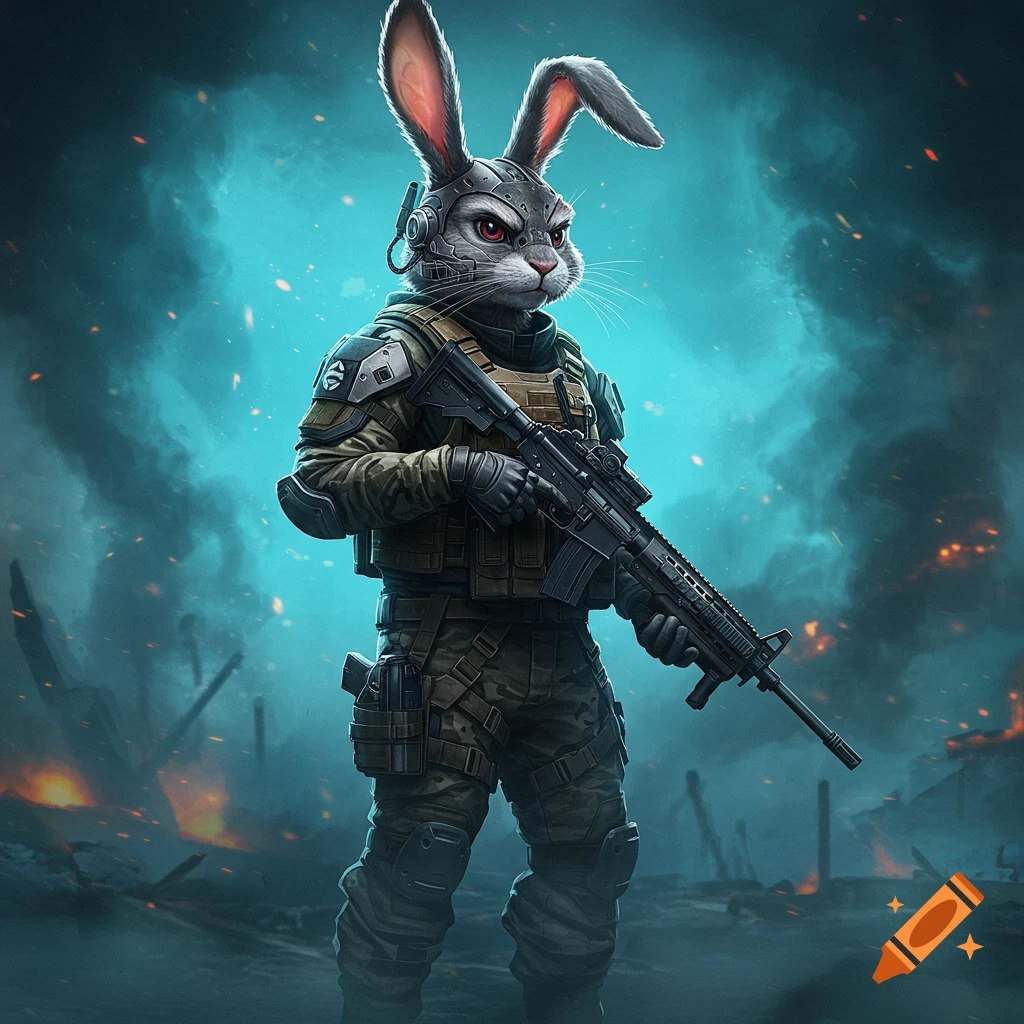 An anthropomorphic rabbit soldier in military gear holding a rifle amidst a smoky, war-torn background.