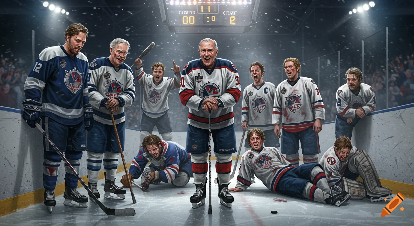 Photorealistic painting of two hockey teams on ice, older players celebrating their win over younger, bruised players, with a scoreboard in the background.