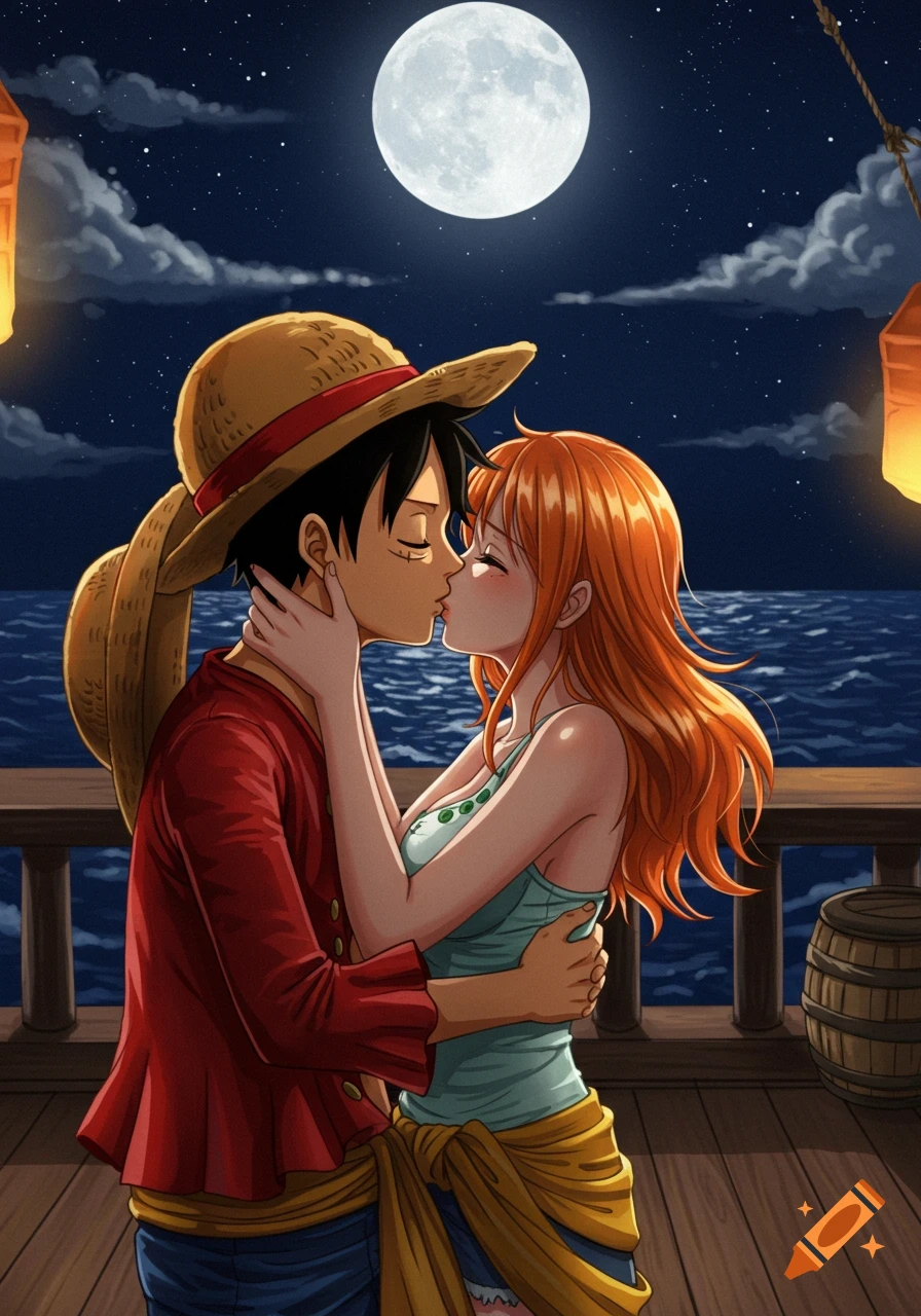 Anime characters Luffy and Nami from One Piece kissing on a ship deck at night under a full moon.
