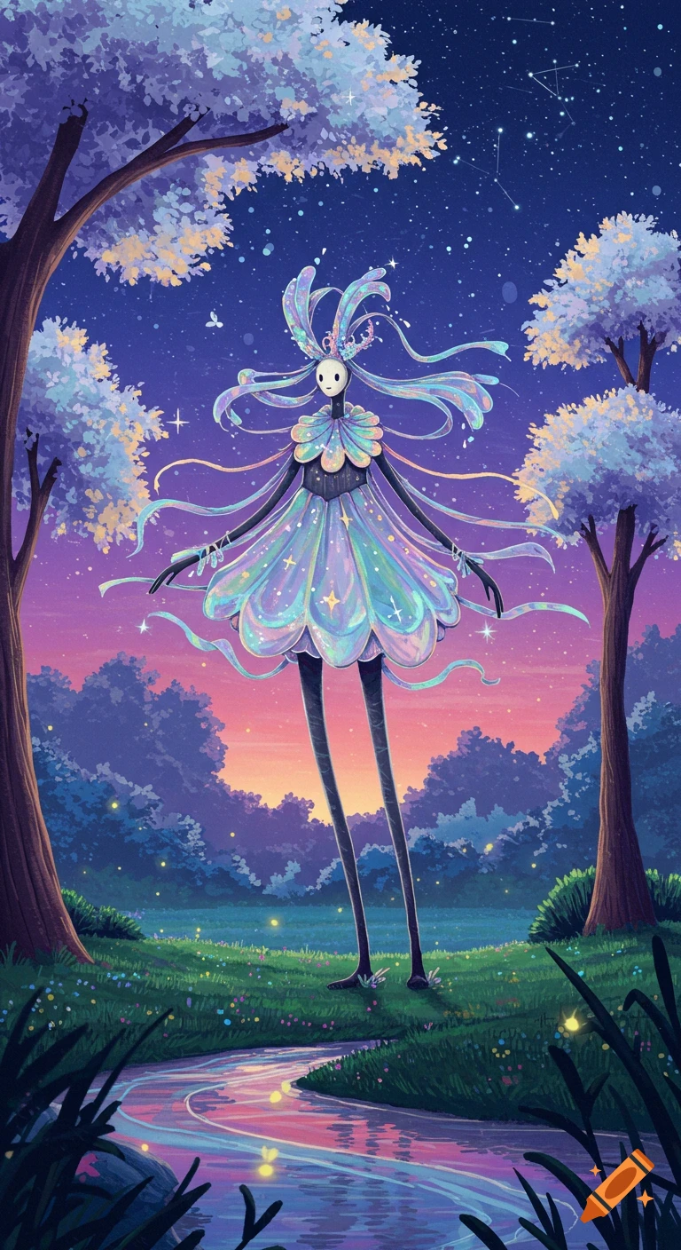 A tall, ethereal creature in a glowing, iridescent dress stands in a magical forest at twilight under a starry sky with constellations.