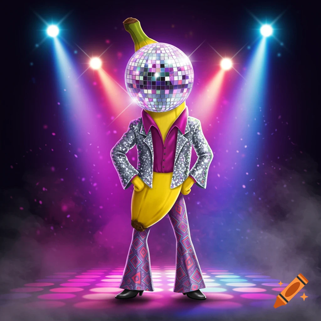 A cartoon banana with a disco ball for a head wears a sparkling silver jacket and patterned bell-bottoms, standing on a light-up dance floor under stage lights.