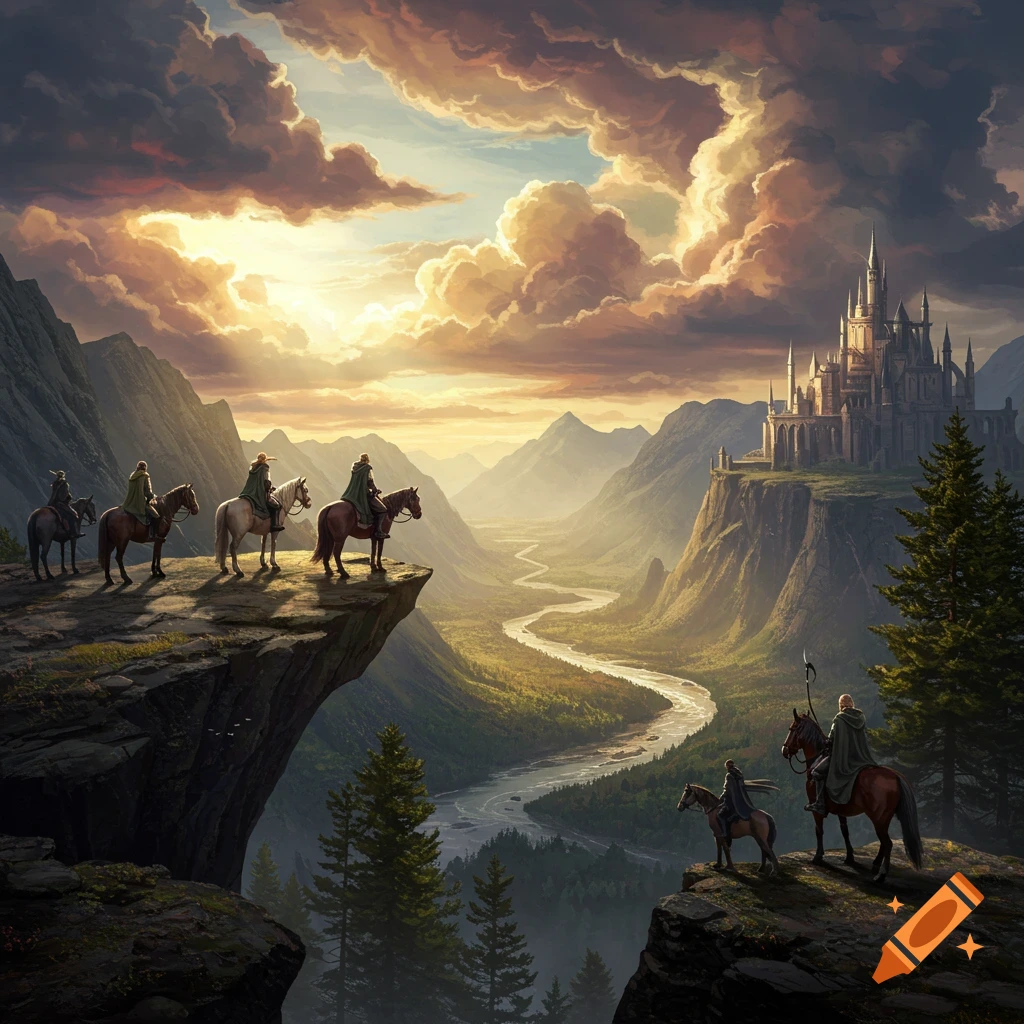Fantasy adventurers on horseback overlook a vast mountain valley with a winding river and a distant castle under a dramatic, cloudy sky.