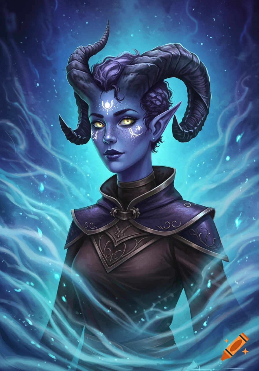 A female tiefling warlock with blue skin, purple hair, black horns, and glowing yellow eyes, surrounded by blue magic. Digital fantasy art.