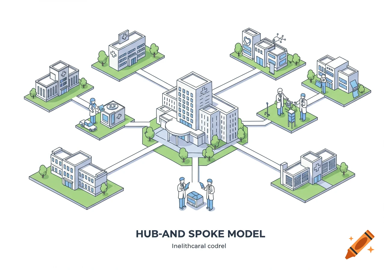 Isometric illustration of a hub-and-spoke healthcare model with a central hospital connected to smaller clinics.