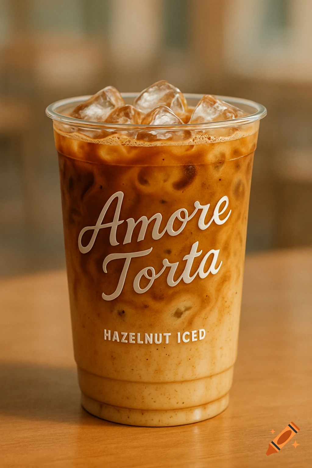 A close-up of a clear cup of iced hazelnut latte with ice cubes and milk swirled into coffee, featuring 'Amore Torta' and 'HAZELNUT ICED' text on the cup.