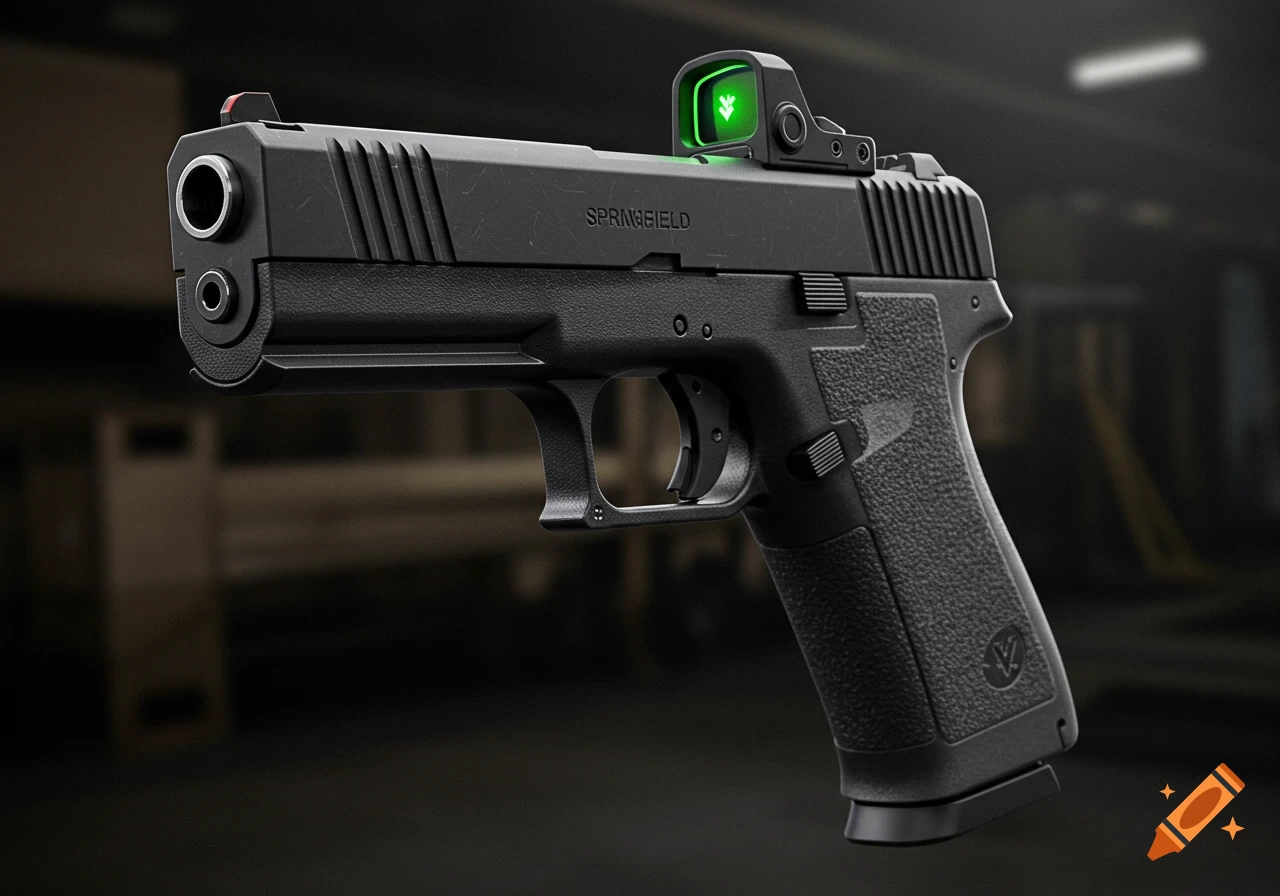 A close-up, photorealistic render of a black semi-automatic pistol with a green optical sight and a red front sight, set against a blurred dark background.