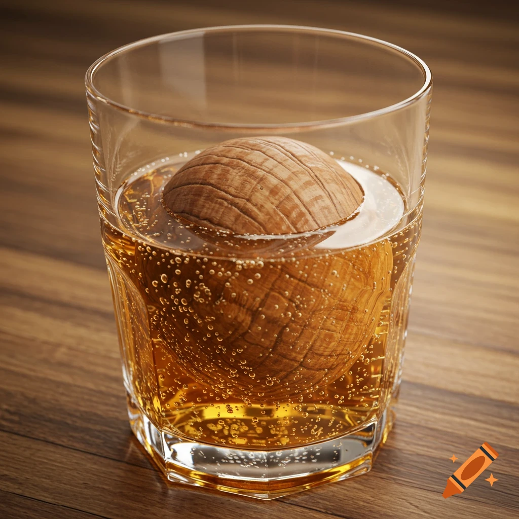A close-up photorealistic image of a glass of bubbly amber liquid with a large, textured wooden sphere submerged in it, on a wooden table.