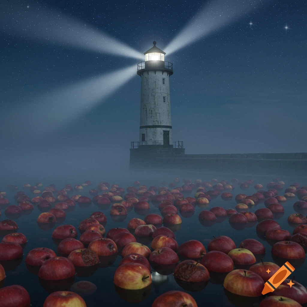 A majestic lighthouse shines its beams across a foggy night harbor, where numerous rotten red and yellow apples float on the dark water.