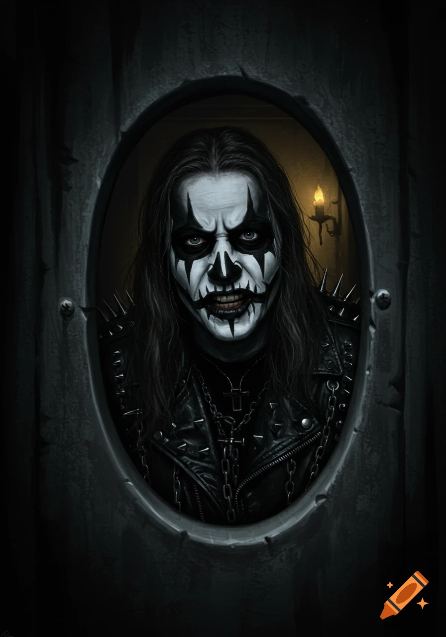 A person with black and white corpse paint makeup and long dark hair, wearing a studded leather jacket, looks through an oval peephole. A candle glows in the dark background.