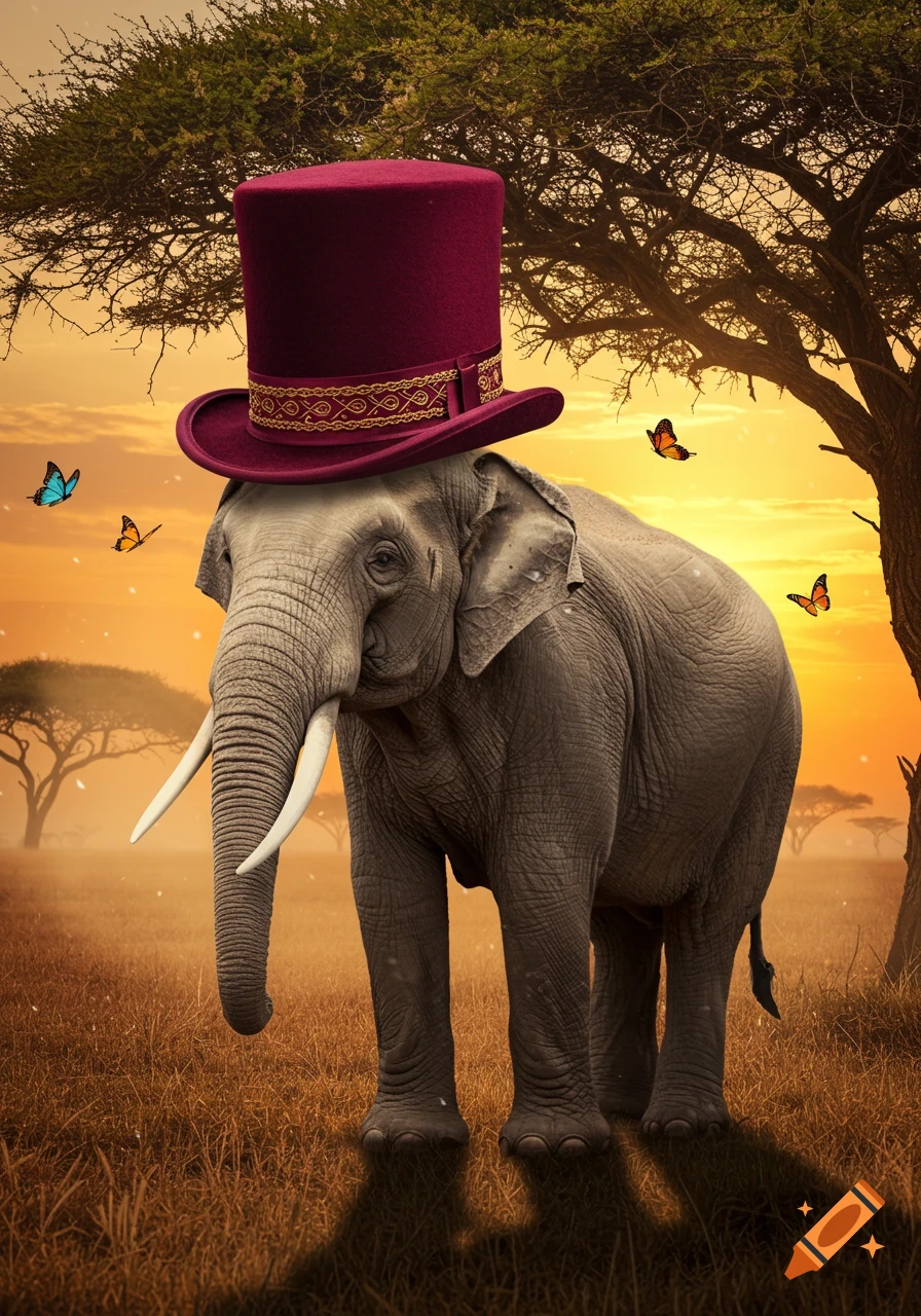A photorealistic elephant in a maroon top hat stands in a savanna at sunset with acacia trees and butterflies.