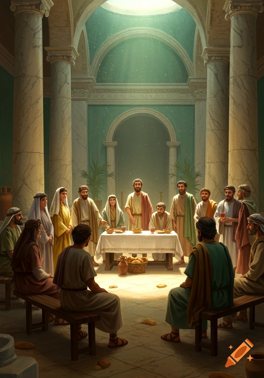 A group of people in ancient robes gather around a table in a grand hall with columns and arches, light streaming from above.